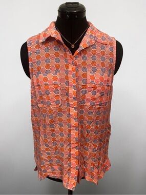 GAP Sleeveless Button-Down Shirt in Orange, Pink & Purple Hex Print